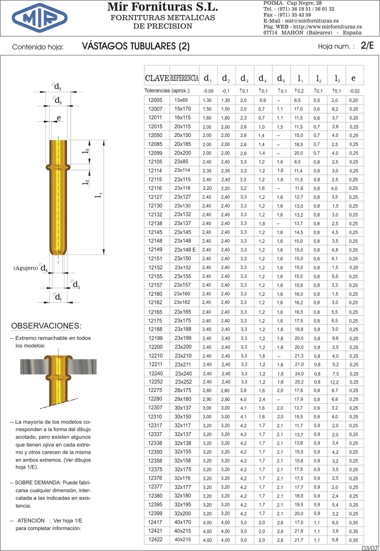 Mir Fornituras, S. L. Tubular Pins (2) - Detailed dimensions table